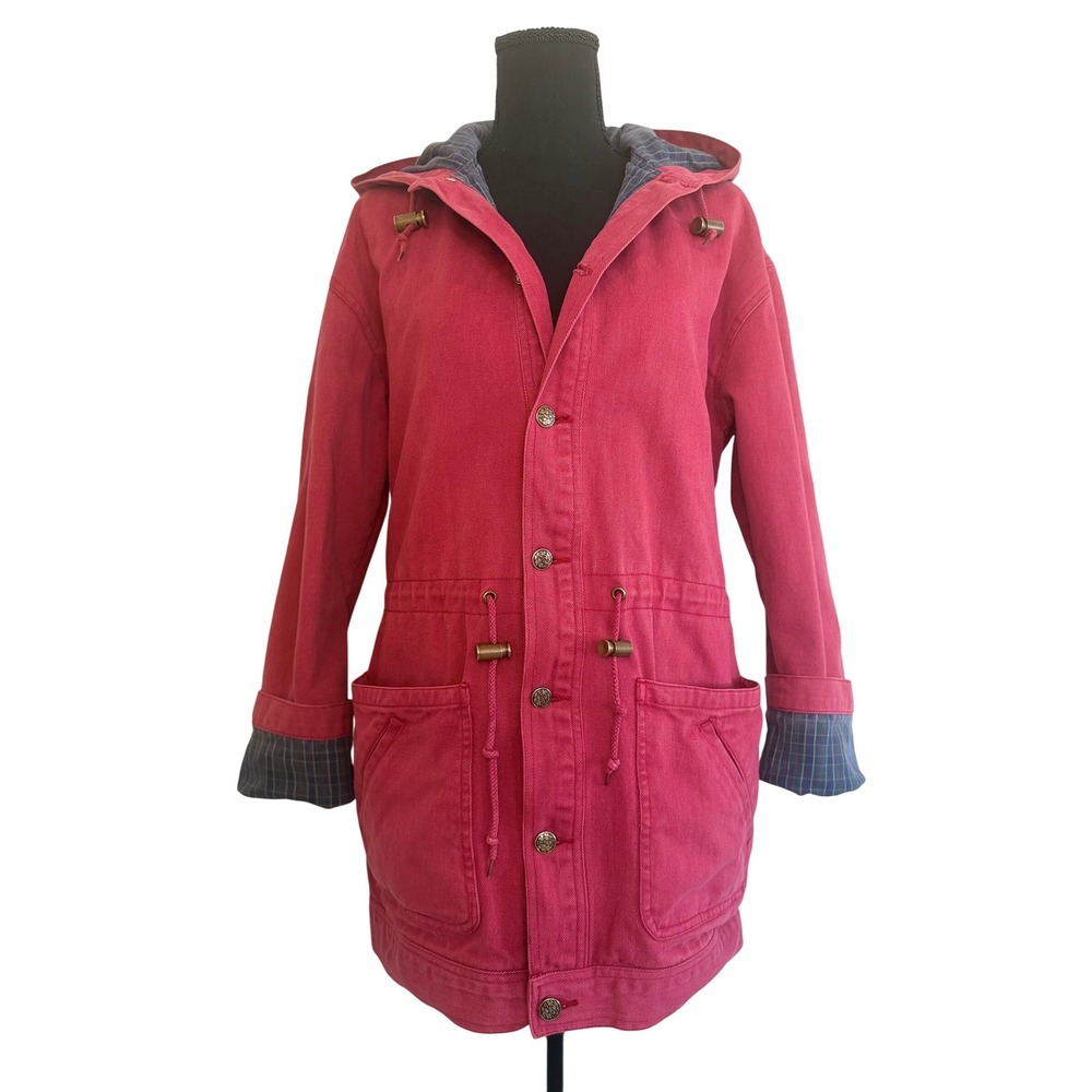 Vintage Cabinecore Womens Small Red Denim Flannel Lined Hooded Barn Coat Jacket